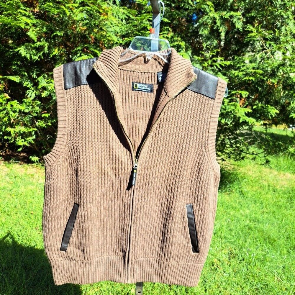 NATIONAL GEOGRAPHIC Men's Full Zip Sweater Vest Cotton Leather Trim Size LG